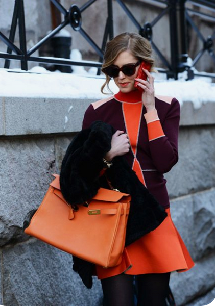 Orange hermes birkin bag winter outfit coat sneakers - Hermes