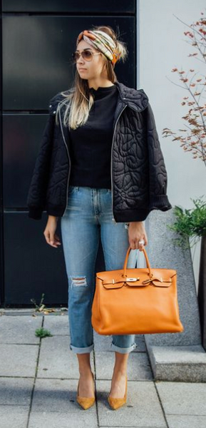 Orange hermes birkin bag winter outfit coat sneakers - Hermes